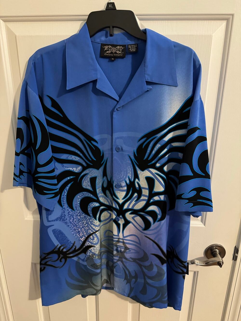 Dragonfly Vintage Y2K Short Sleeve Tribal Winged Button Up Shirt Blue Black XL